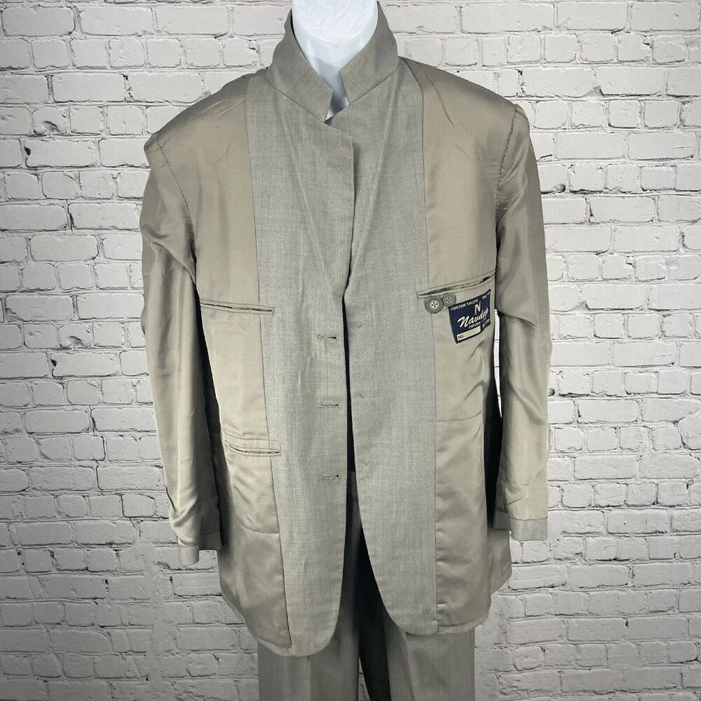 Navdeep Grey Striped Suit Set 3 Button Ventless Blazer Pleated Size 42 (31x29)